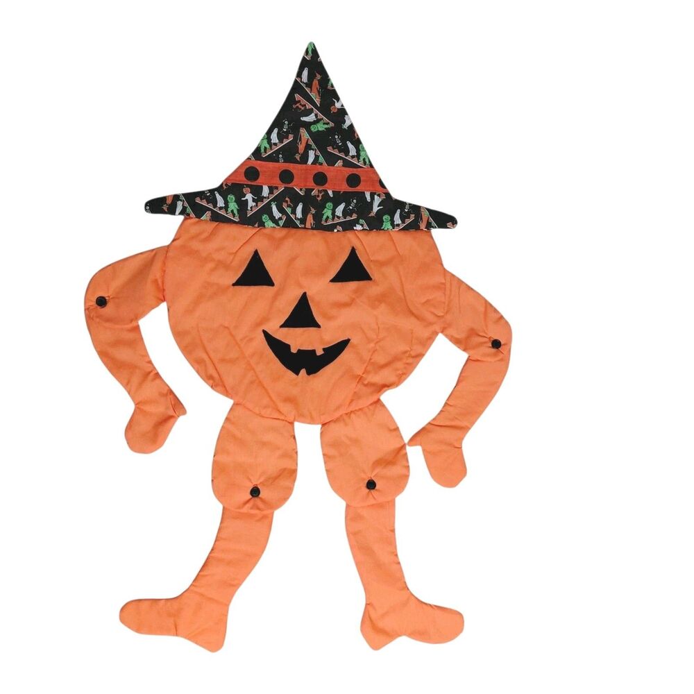 Handmade Halloween Quilted Wall Hanging Jointed Jack O Lantern 25x37" Vtg 80's